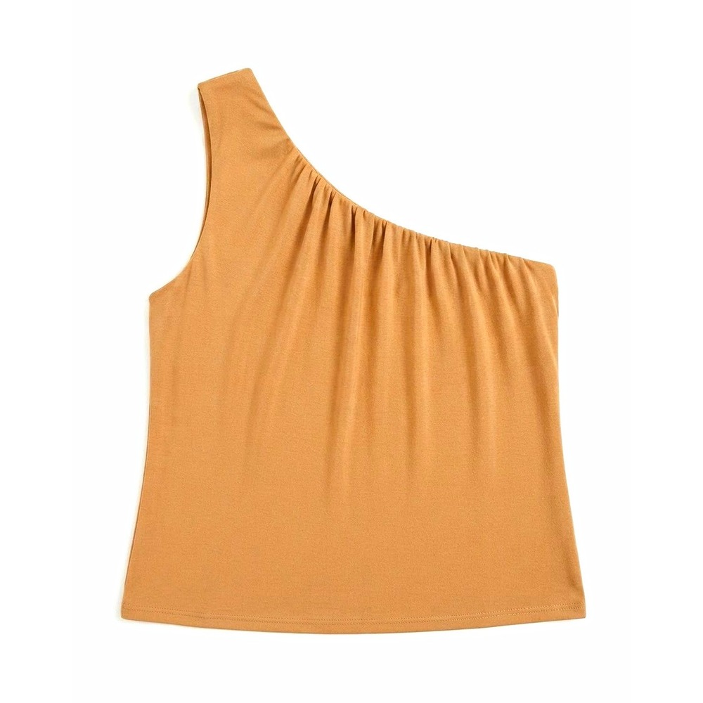 Klassy Womens Beige One Shoulder Ruched Knit Pullover Top Sleeveless Size L